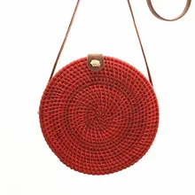 2019 new round leather buckle women's shoulder bag chic bohemian straw beach bag color hand-woven rattan bag ins with Bali dcos ins new ladies hand woven bag round rattan retro literary hand woven leather buckle package bohemia beach messenger bag