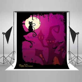 

Black Cat on the tree Halloween castle Backdrops Children photography background for Photo studio