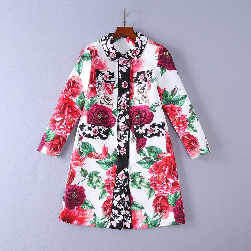 

Luxury Designer Brand Trench for Women Rose 3D Buttons Turn-down Collar Rose Printed Long Coat