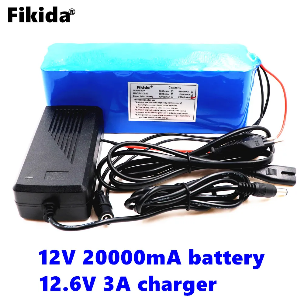 

Fikida 100% original 18650 battery pack 12V 20ah 18650 lithium battery protection board 12v 20000mAh capacity +12.6 v 3A charger