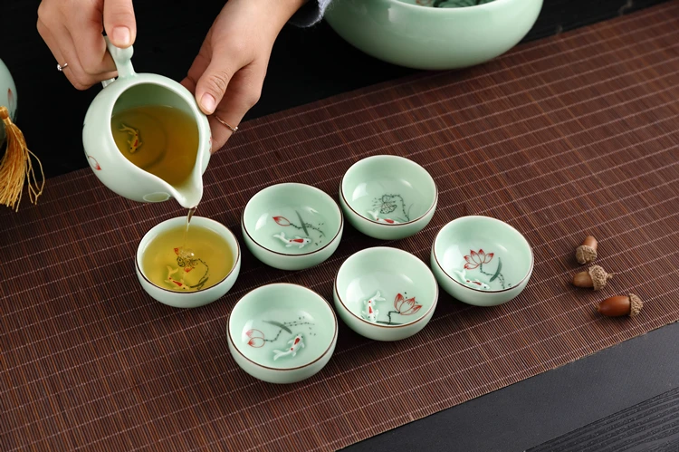 

2019 BEST Birthday Business gift # TOP Handmade Celadon Porcelain 3D lotus flower fishes FENG SHUI Tea Set Coffee cup -free ship