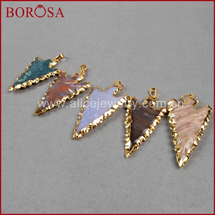 

BOROSA Gold Color Rough Natural Stone Carved Arrowhead Pendant Bead Druzy Jewelry Stone Pendant Gems for Women G0785