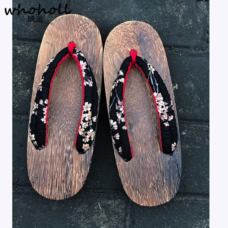 Whoholl Geta Women Sandals Japanese Geta Sandals Wooden Flip Flops Clogs Floral Print Platform