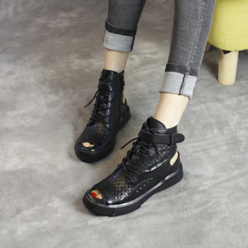 

New 2019 Sandals Women Genuine Leather Summer Shoes Handmade American Style Lady Hight-Top Mesh FLat Thick Sole Casual Sandals