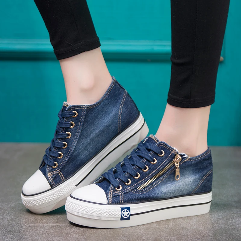 Fashion Zipper Women Sneakers Denim Casual Shoes Female Spring Platform ...