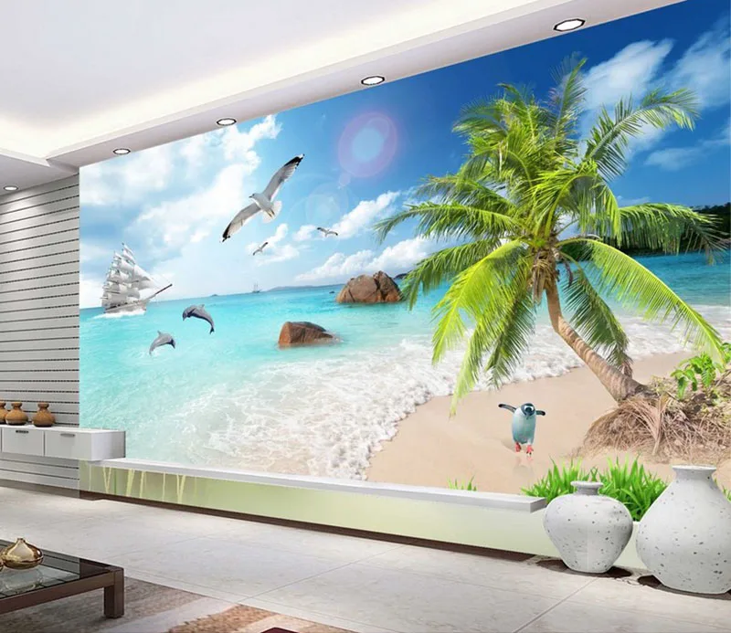 

Custom 3D Sea View Coconut Beach WallPaper,3D TV Background Wallpaper Abstract Art Wallpaper Mural Home Decor For Living Room