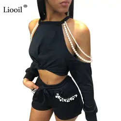 Liooil черный с открытыми плечами бисером женские комбинезон шорты летние пикантные с длинными рукавами и круглым вырезом карманов вечерние