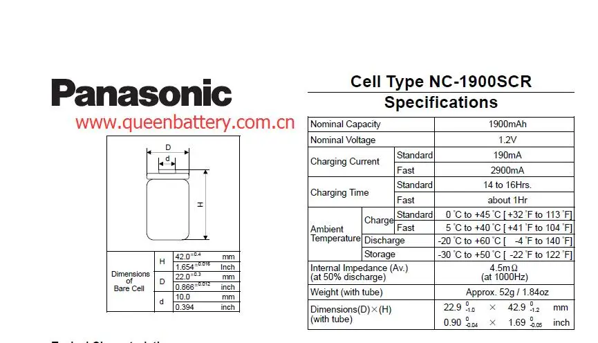 Panasonic Nc 1900scr 1 2v 1900mah Sub C Ni Cd Nickel Cadmium Battery Cell Queenbattery