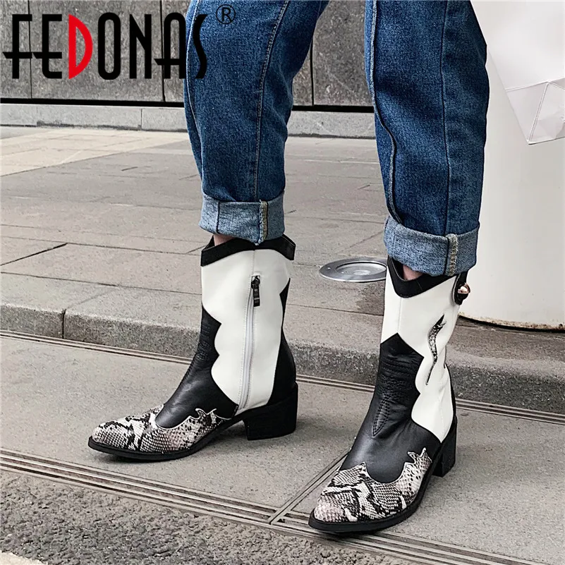 

FEDONAS Fashion Print Genuine Leather Women Mid-Calf Boots Autumn Winter Pointed Toe High Heels Western Boots Party Shoes Woman