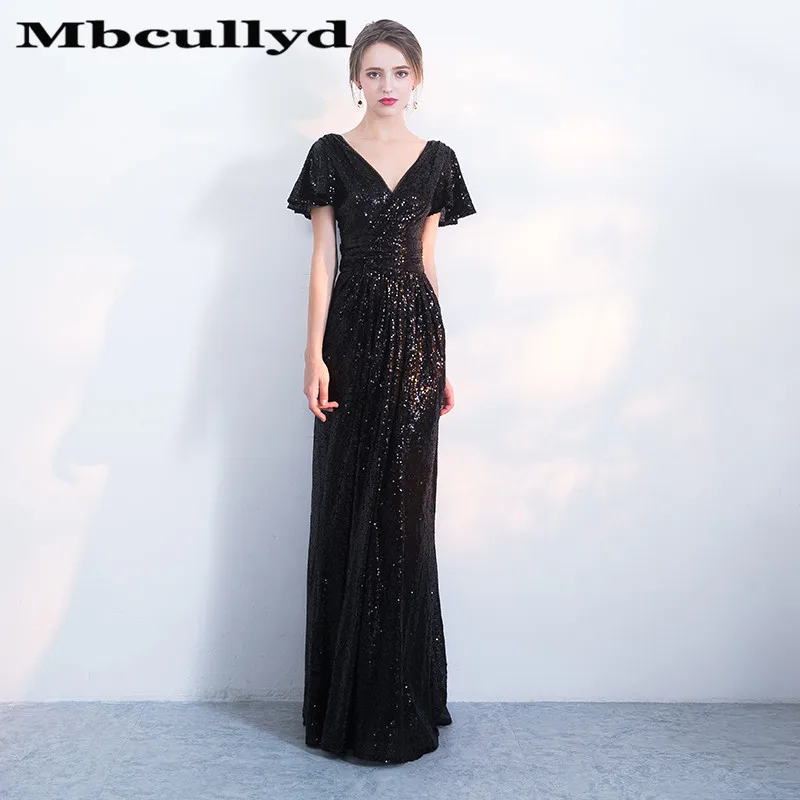

Mbcully 2019 Gorgeous V-Neck Long Prom Dresses Shining Sequined Backless Evening Formal Dress For Women robe de soiree Cheap