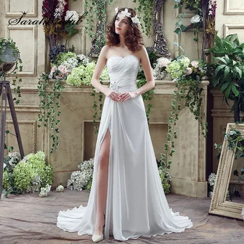 

Sexy Front Slit Long Beach Wedding Dresses Chiffon Pleat Sweetheart Lace Up Back Sweep Train Cheap Bridal Gowns SQS036