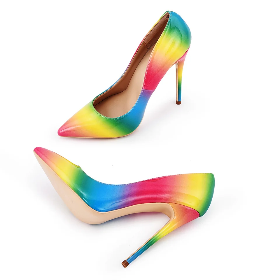

Craylorvans 12/10/8CM Heel Height Colorful Rainbow Printed Pointed Toe Stiletto High Heels 2018 Woman Shoes Female Pumps