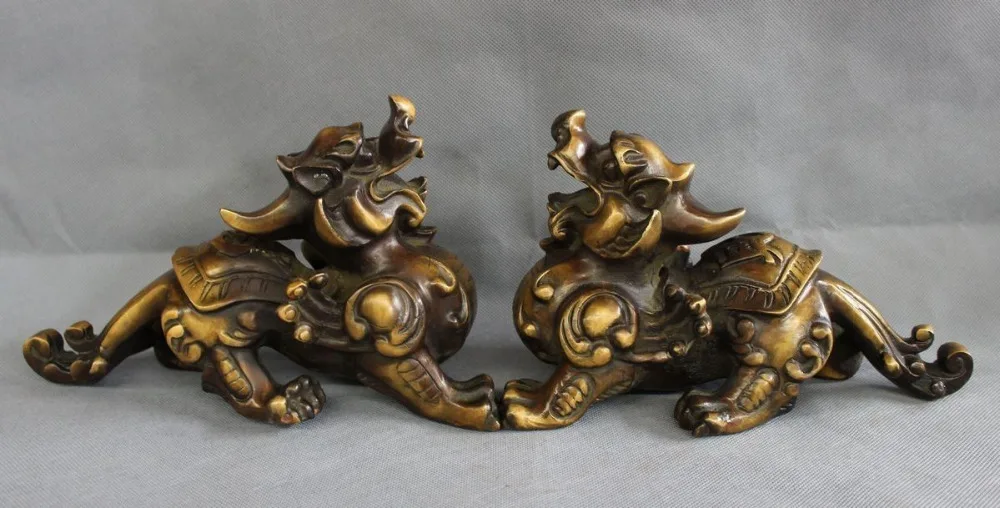 

10" Chinese Bronze FengShui Wealth Foo Fu Dog Lion Unicorn PiXiu Statue Pair