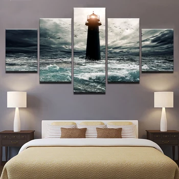 

HD Prints Pictures Living Room Home Decor 5 Pieces Victory Ocean Lighthouse Seascape Painting Wall Art Abstract Poster