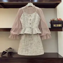 Новинка 2018 года, модная Осенняя Женская газовая блузка с рукавами-фонариками + платье с бретельками + короткая юбка с высокой талией милые
