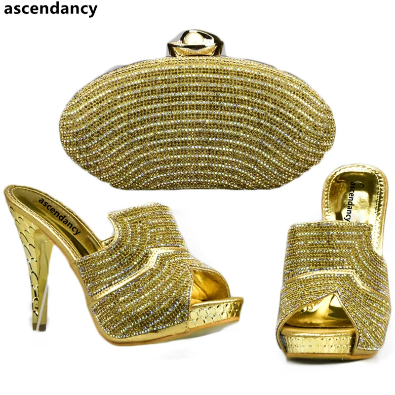

Gold Color African Matching Shoes and Bags Italian In Women Italian Shoes and Bags To Match Shoes with Bag Set with Rhinestone