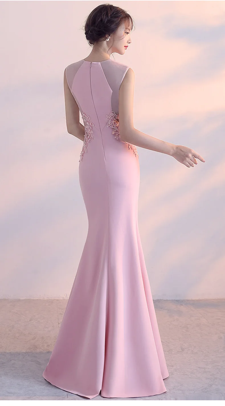 Solid Pink Cotton & Mesh Beaded Floral Appliques Mermaid Sexy Club Dresses 2018 New Arrival Party Dress Women Vestido Long Slim (15)