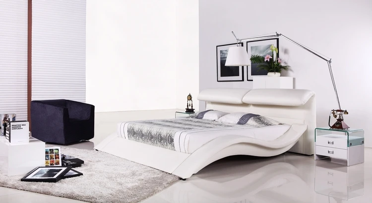 

Queen Size Bed, Modern Design, Top Grain Leather cover, King / Queen Size Soft Bed with Bedside cabinet, Modern Soft Bed A513