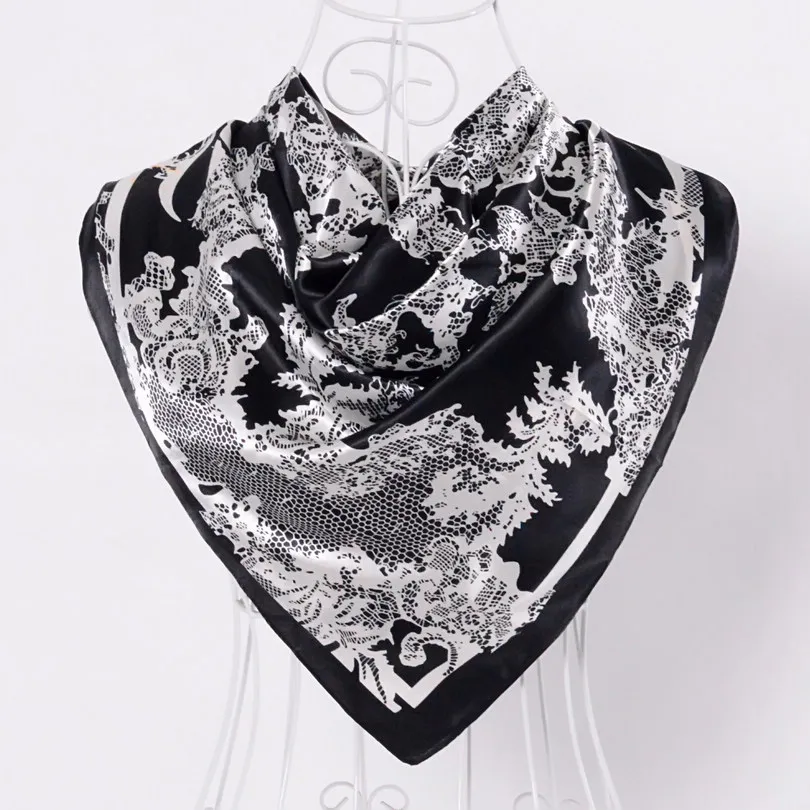 black white lace Элегантный женский большой квадратный шелковый шарф с принтом, 90*90 см, модный весенний и осенний серый и фиолетовый Шелковый шарф из полиэстера, шаль - Цвет: black white lace