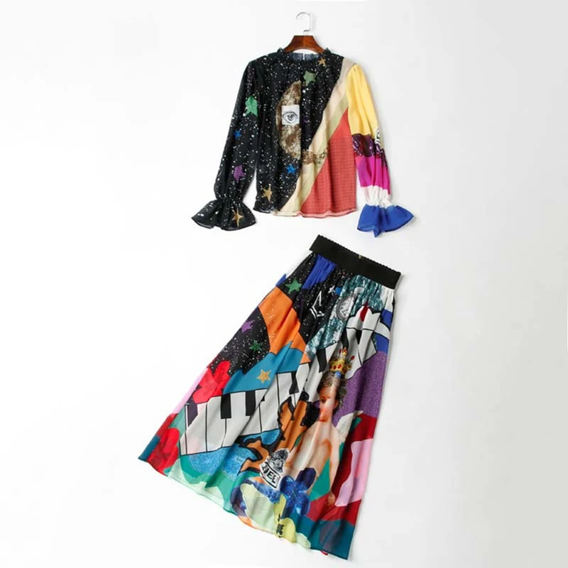 HIGH QUALITY Newest Fashion 2019 Designer Runway Suit Set Women/'s Color Block Print Blouse Shirt Gorgeous Print Skirt Set HIGH QUALITY Newest Fashion 2019 Designer Runway Suit Set Women/'s Color Block Print Blouse Shirt Gorgeous Print Skirt Set