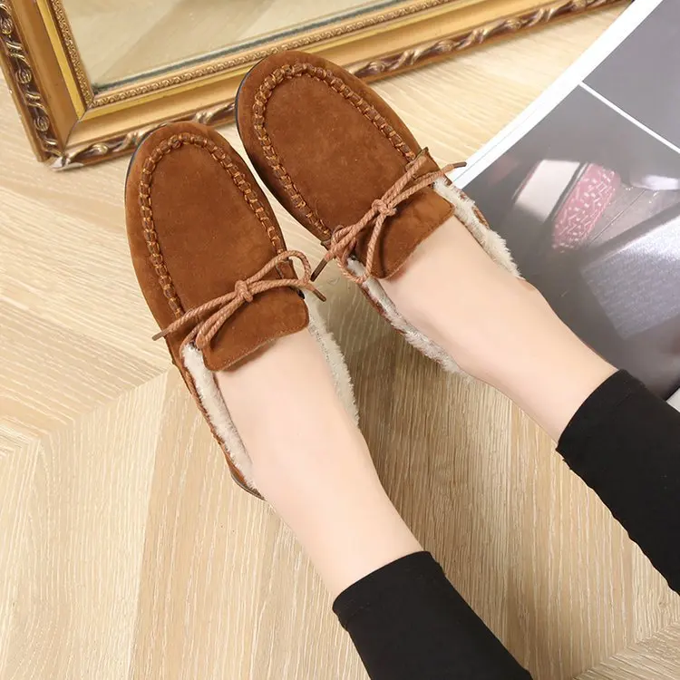 New Lace Up Autumn Winter Women Flats Simple Sewing Warm Fur Comfort Cotton Shoes Woman Loafers Sweet Single Shoes Size 35-40 - Цвет: brown