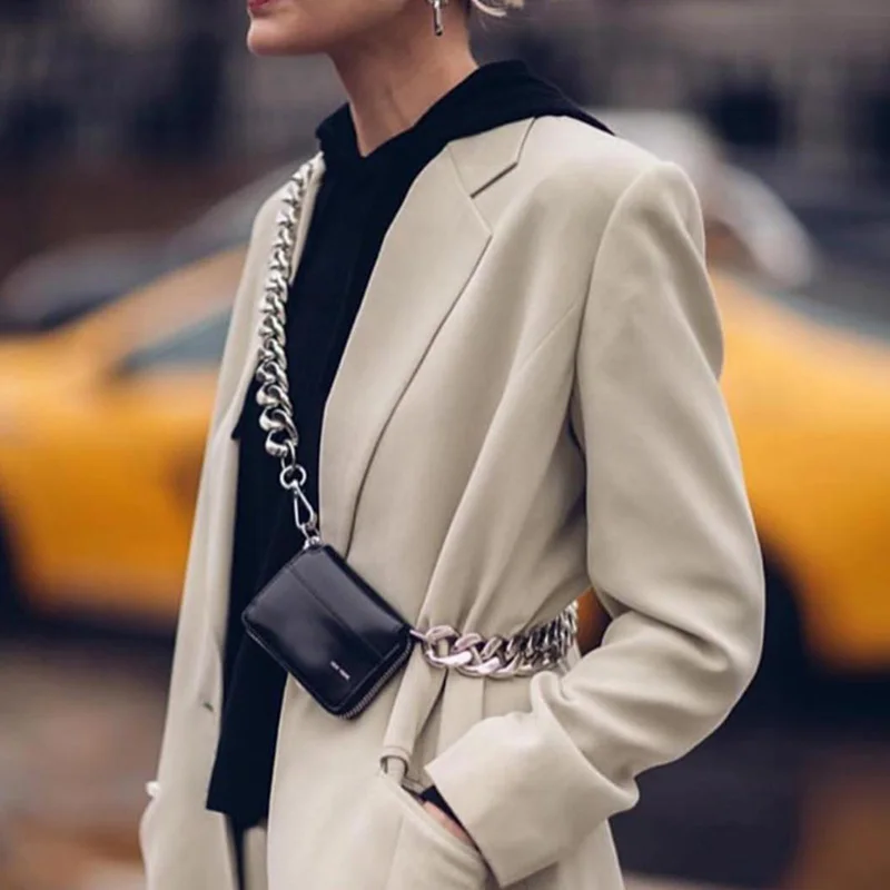 

Spring Summer Stylish Black White Colr Single Wide Chain Zipper PU Leather Small Messenger Bag All Match