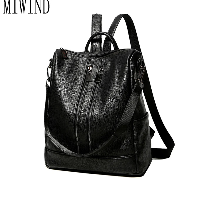 Women black leather backpack female fashion office bag ladies Bagpack ...