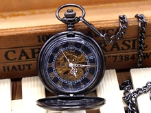 Nueva Llegada de La Vendimia De Cristal Negro Pattren Diseño de la Caja Azul Número Romano Esquelético Dial Reloj de Bolsillo Mecánico Con La Cadena de Regalo