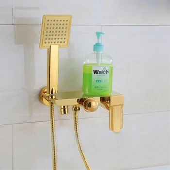 Buy Wall Mounted Chrome Brass Gold Plate Bathroom Shower Faucet Set Bath Faucet Mixer Tap With W/ ABS Hand Shower Head Shower