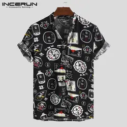 INCERUN Летняя мужская рубашка подставка для печати воротник хлопок короткий рукав кнопка шик топы Мужские в китайском стиле винтажные