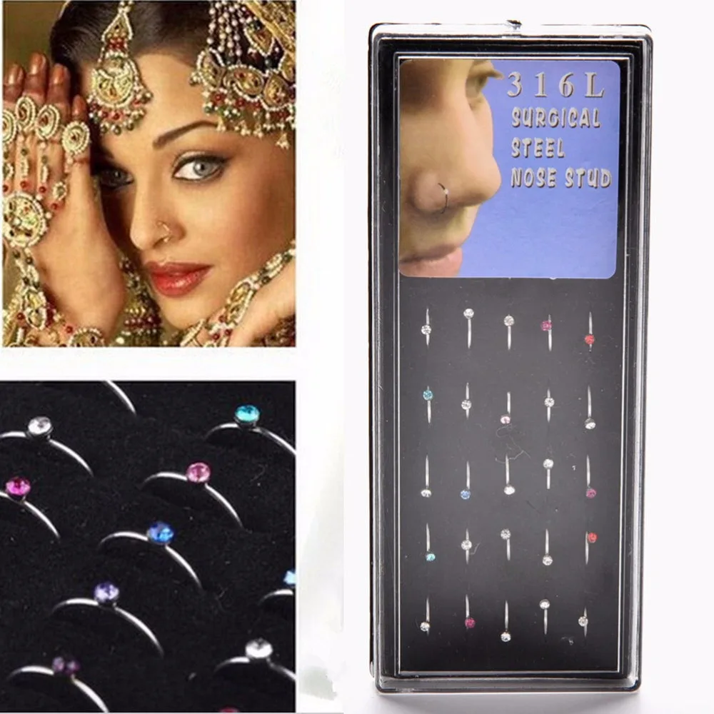 40pcs/set Stainless Steel Nose Ring Open Hoop Ring Nose PiercingStuds with Box Fashion Women Body Piercing Jewelry