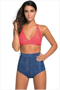 

Free shipping Vintage Red Polka Dot Blue Denim High Waisted Swimsuit LC41927