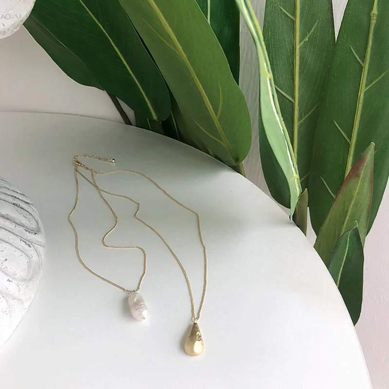 

AOMU Korea Double Layer Metal Gold Color Necklace Geometric Waterdrop Freshwater Pearl Necklace Pendant Clavicle Chain Jewelry