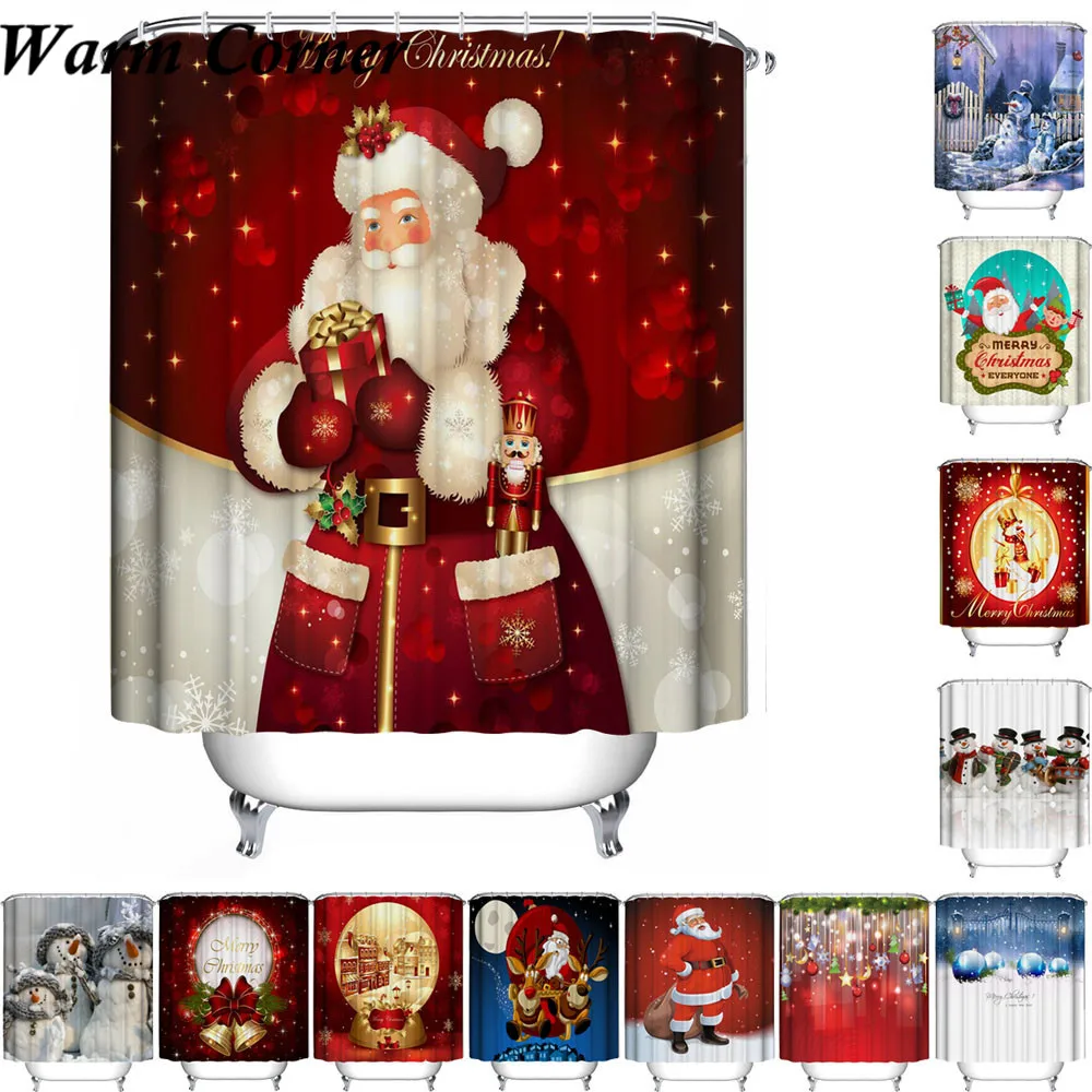

High Quality Shower Curtain Christmas Fabric Waterproof Bathroom Santa Decor Home New Year Hooks Free Shipping #CNO18#T