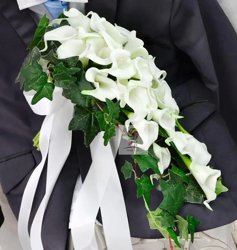 Свадебные букеты ручной работы в стиле водопад, цветочный букет невесты, белые Искусственные цветы из искусственной кожи Калла и лилии