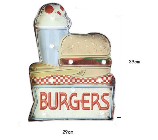 Гамбургер светодиодный металлический знак декоративный Рисунок, для бара, для кафе вывеска домашний Декор стены с подсветкой Висячие неоновые вывески A851 - Цвет: Not Remote control