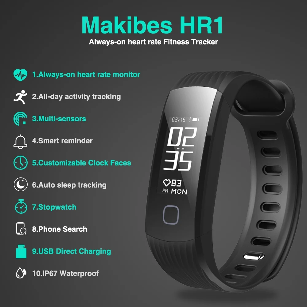 Makibes HR1 Bluetooth Smart Браслет Фитнес трекер Непрерывный монитор сердечного ритма 0,9" OLED браслет для ios и Android