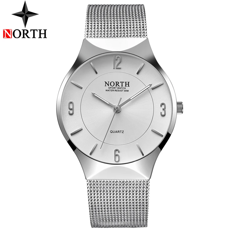

NORTH Mens Watches Top Brand Luxury Quartz Watch Men Silver Steel Mesh Band Casual Waterproof Sport Watch Man Relogio Masculino