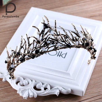 

Parmalambe Black Vintage Baroque Hair Tiara With Rhinestone Crystal Pearl Wedding Jewelry Bridal Crown Headband Vintage Wedding