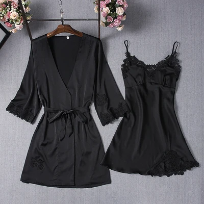 Fiklyc брендовый Двухсекционный женский халат и платье комплекты M L XL три размера для выбора роскошного нижнего белья комплекты из сатина и кружева - Цвет: black set