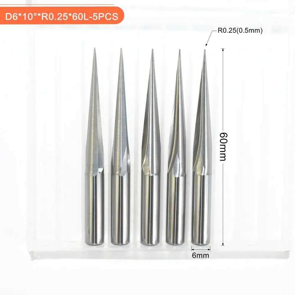 5 Pcs HRC55 R0.25 2 Flute 6MM Shank Carbide Tapered Ball Nose End Mill CNC Tools