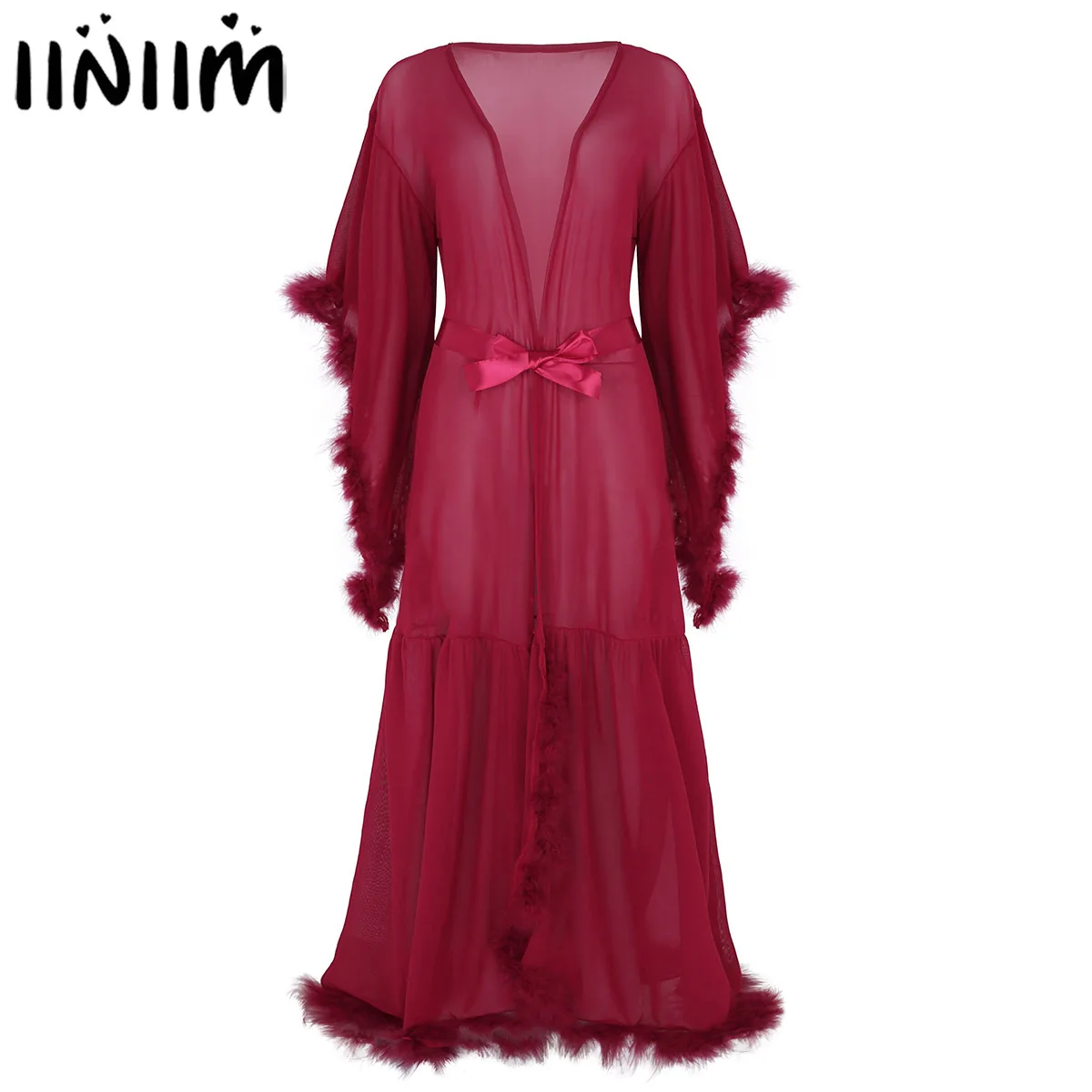 

Womens Adult Mesh Nightwear Honeymoon See Through Sheer Flare Sleeves Feather Long Lingerie Bathrobe Sleepwear Nightgown Dress