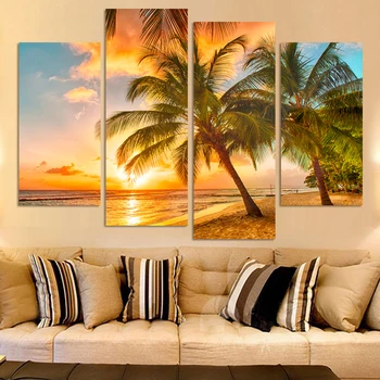 

4Piece Sunset Seascape Inclued Coco Beach Modern H Wall Art HD Picture Canvas Print Painting For Living Room Decor Unframed