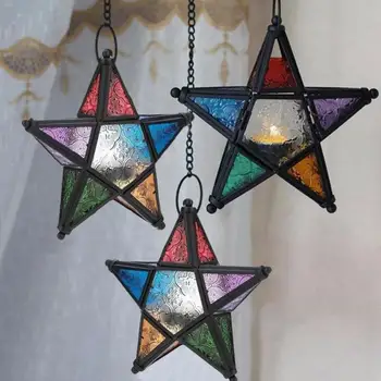 

Valentine's Day Gift Five-pointed Star Candlestick Glass Mounted Iron Household Metal Candlestick Hanging Moroccan Style Lamp