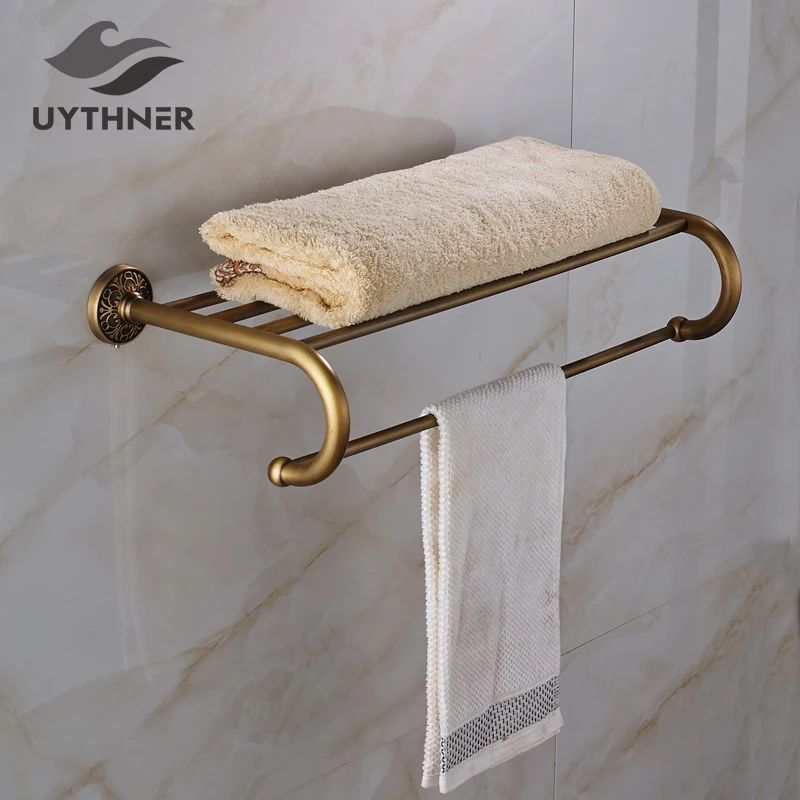 Antique Brass Bathroom Towel Shelf Single Towel Bar/ Rack Solid Brass Towel Holder Wall Mounted Antique Brass Bathroom Towel Shelf Single Towel Bar/ Rack Solid Brass Towel Holder Wall Mounted