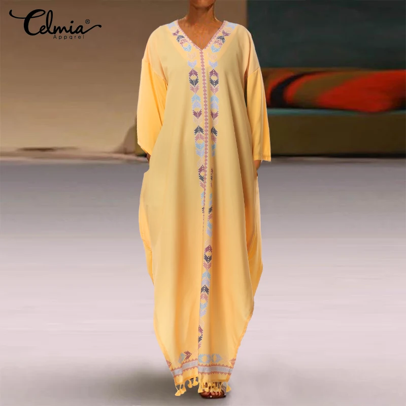 

Oversized Dress 2019 Celmia Women Autumn Vintage Dress V neck Long Sleeve Split Casual Loose Print Party Maxi Long Vestidos Robe