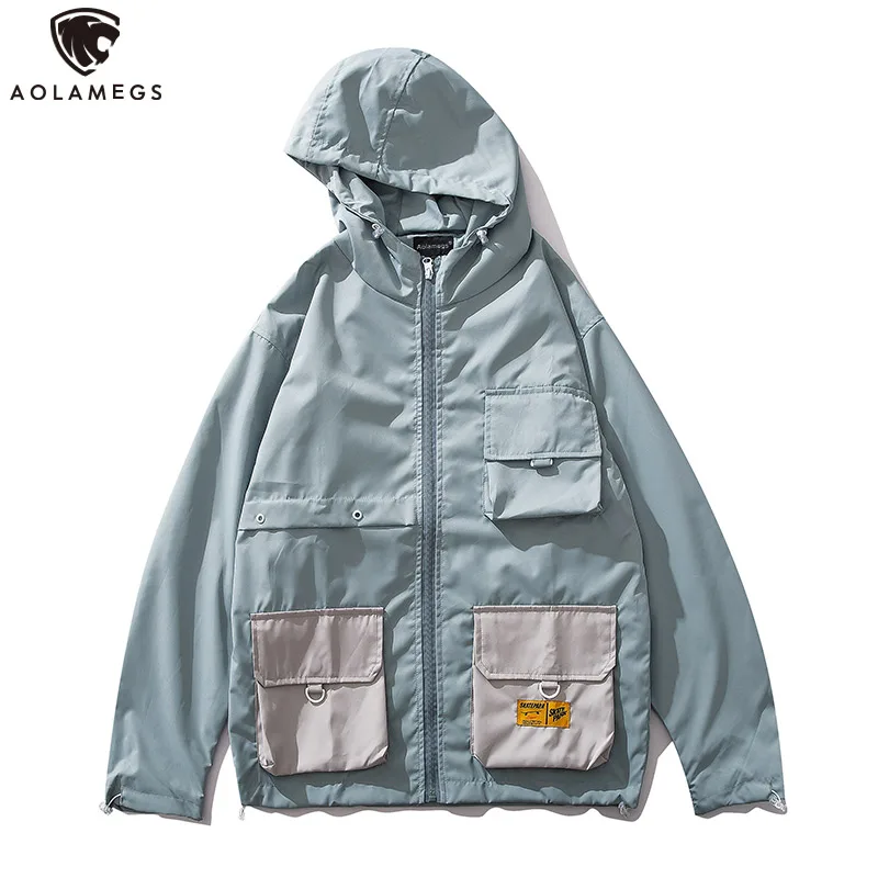 

Aolamegs Jacket Men Patchwork Pocket Jacket Tracksuit Drawstring Sleeve Harajuku Cargo Windbreaker High Street Streetwear Autumn