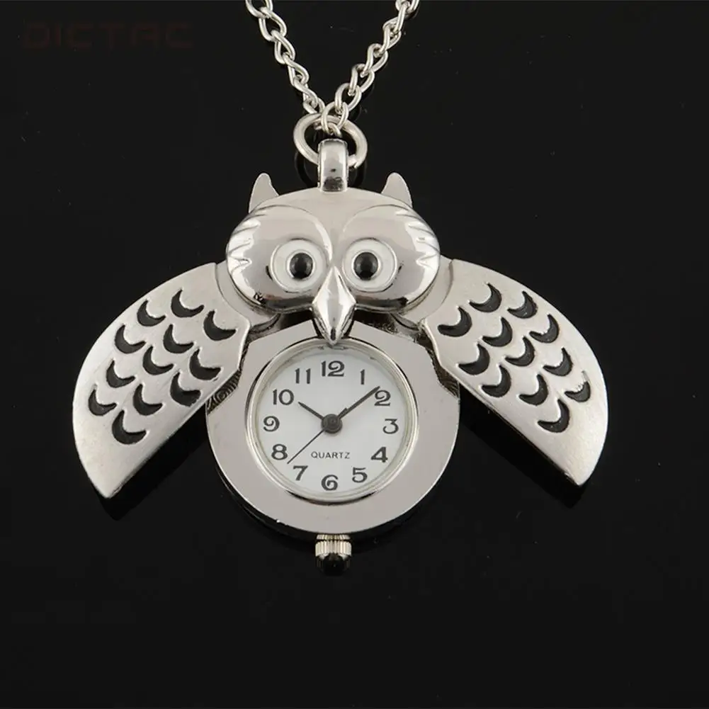 Silver Plated Owl Chic Pocket Watch Pendant Quartz Necklace Watches