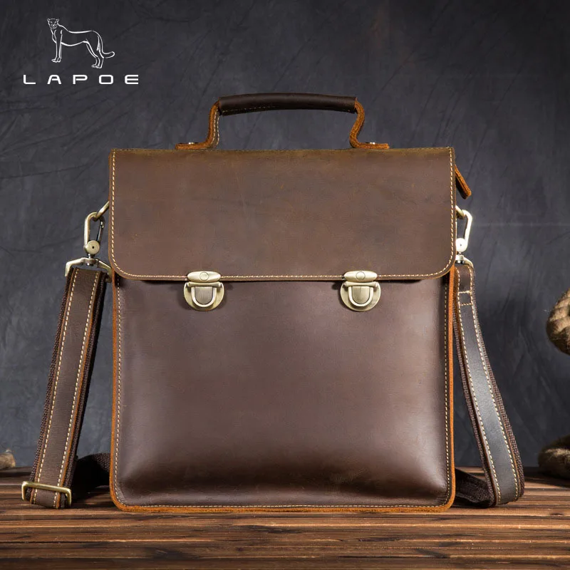

Crazy horse leather Men Fashion Shoulder crossbody Messenger Bag Real leather Designer Mochila University Book School bag