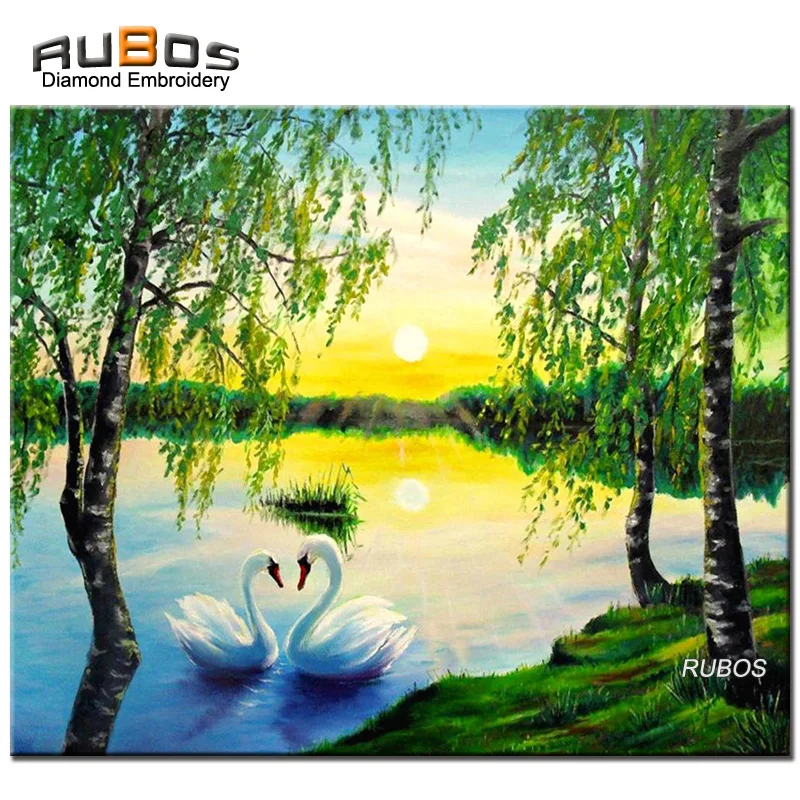

RUBOS Diamond Mosaic Nature Tree Swans Diamond Embroidery Diy 5D Full Painting Cross Stitch Pattern New Sale Kit Bead Home Decor